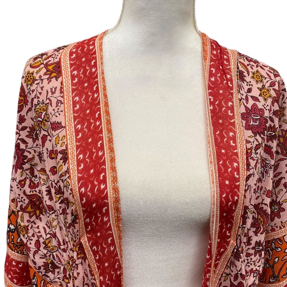 VINCE CAMUTO Pink Red Floral BoHo Tassel Open Front Kimono Beach Coverup - Picture 2 of 7